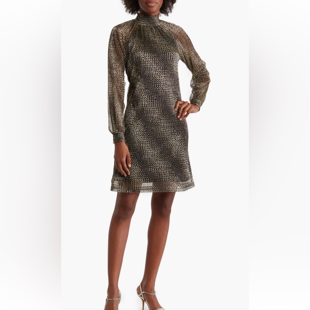 NWT Nina Leonard long sleeve smock neck float foiled‎ dress